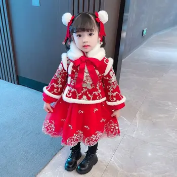 Новая красная китайская новогодняя одежда, женская зимняя одежда Hanfu, детский костюм эпохи Тан, детское бархатное платье с подкладкой, Рождественское платье