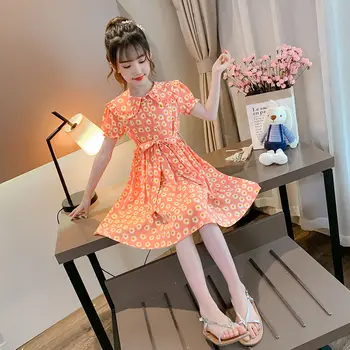 Летнее праздничное платье для детей, Модное шифоновое платье с цветочным рисунком для девочек, детское платье Принцессы с кукольным воротничком для девочек от 2 до 11 лет
