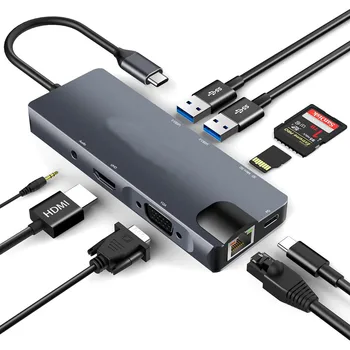 Концентратор USB C, адаптер USB C 9 в 1 с разрешением 4K USB C к HDMI, VGA, Гигабитный Ethernet, 100 Вт PD, 2 USB-A со скоростью 5 Гбит/с, устройство чтения карт microSD/SD
