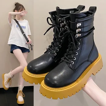 Женские ботильоны с круглым носком на шнуровке с принтом Граффити на толстом каблуке Армейская Уличная обувь в стиле ретро Для девочек Новые Женские ботинки на платформе 2022 года
